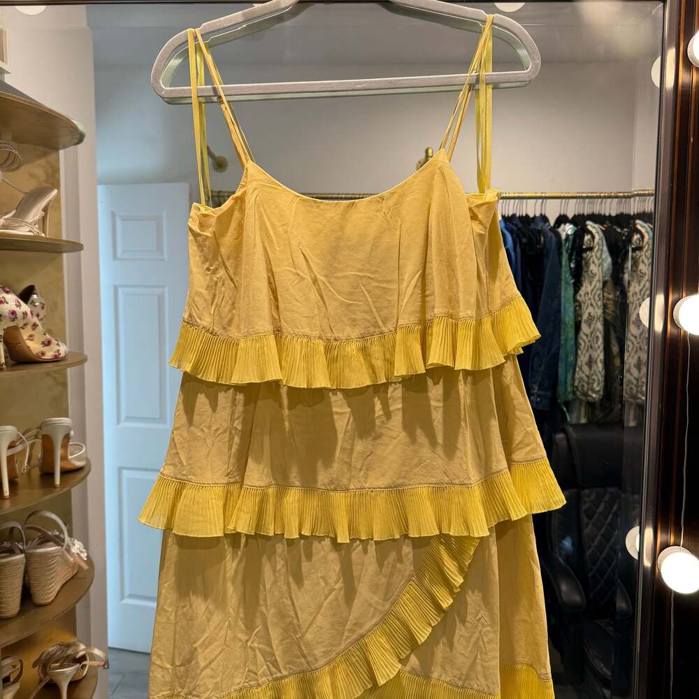 BCBG Max Azria Lime Yellow Ruffled Silk Spaghetti Straps Sleeveless Dress
